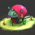 Cute Ladybug Shaped Motorcycle With Pink Shell Blue Parts On Green Grass And Small Daisies