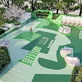 Green Outdoor Leisure Area Design With White Seats Trees And Blue Sky
