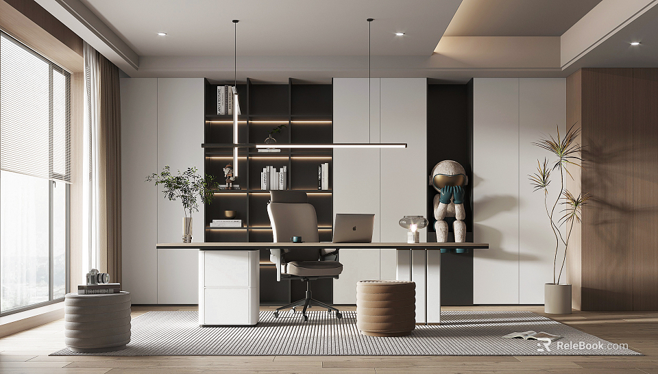 Modern Study Room Interior With Desk Chair Bookshelves And Decor 3d model 