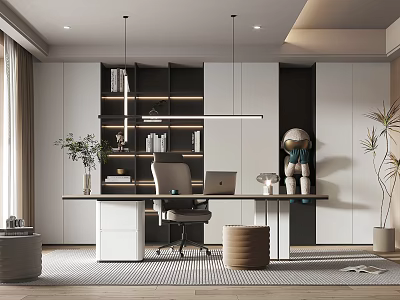 Modern Study Room Interior With Desk Chair Bookshelves And Decor 3d model