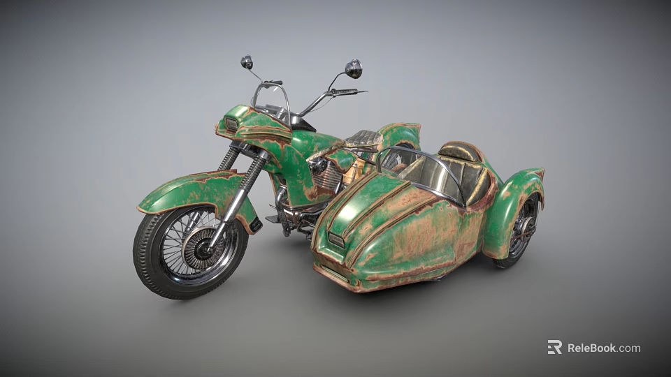 Green Vintage Motorcycle With Rustic Sidecar And Classic Retro Design Elements 3d model 