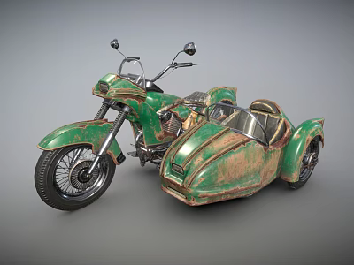 Green Vintage Motorcycle With Rustic Sidecar And Classic Retro Design Elements 3d model