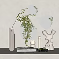 Elegant Decorative Ornament Set With Vase Green Plant Branch Round Mirrors Candles And Abstract Sculpture