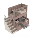 Pink Kids Bunk Bed With Staircase Lighting Soft Pillows And Decorative Wall