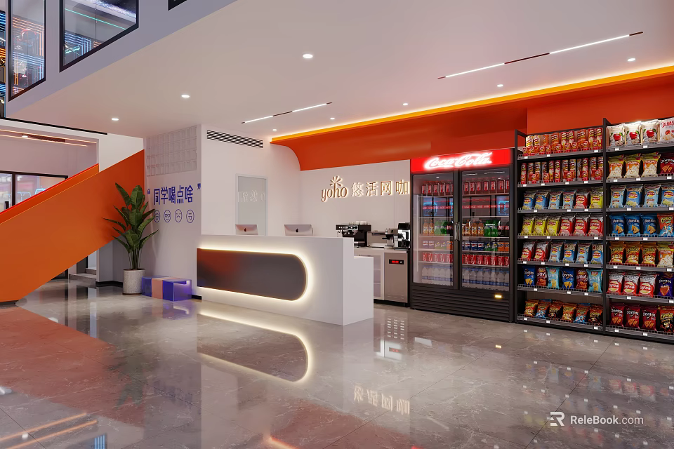 Modern Internet Cafe Reception Area With Sleek Flooring Bright Lighting And Snack Shelves 3d model 