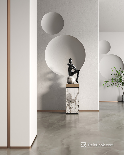 Modern Black Sculpture Seated On Sphere With Marble Pedestal And White Wall Circular Design 3d model 