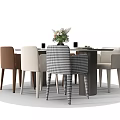 Modern Dining Table Set with Brown Beige Checkered Chairs and Flower Vase Mugs 3d model