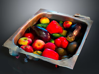 Assorted Fresh Fruits and Vegetables in Metal Tray with Vibrant Colors 3d model