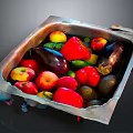 Assorted Fresh Fruits and Vegetables in Metal Tray with Vibrant Colors