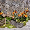 Serene Garden Landscape With Stone Wall Orange Flowers Small Fountain Mossy Ground And Sand Path