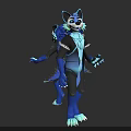 Blue And Black Anthropomorphic Wolf Character With Glowing Cross Eyes And Friendly Expression