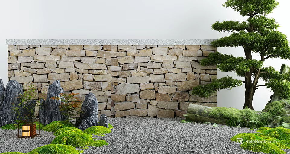 Zen Courtyard Garden Landscape With Stone Wall Pine Tree Decorative Rocks And Gravel Flooring 3d model 