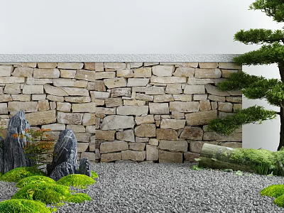 Zen Courtyard Garden Landscape With Stone Wall Pine Tree Decorative Rocks And Gravel Flooring 3d model