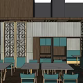 Modern Restaurant Exterior With Teal And Gold Geometric Wall Patterns Glass Doors And Chandeliers