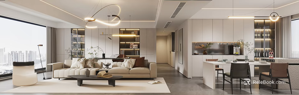 Modern Living and Dining Room Interior With Pendant Lights Beige Sofa Coffee Table And Bookshelf 3d model 