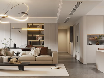 Modern Living and Dining Room Interior With Pendant Lights Beige Sofa Coffee Table And Bookshelf 3d model
