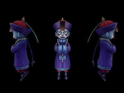 Cartoon Zombie Character With Blue Skin Purple Robe Hat And Braids Three Angles View 3d model