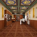 Traditional Chinese Office Interior With Ornate Painted Ceiling Wooden Walls Red Backdrop And Geometric Floor