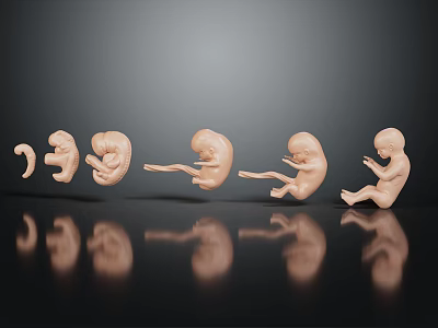 Human Fetal Development Stages Arranged in Sequential Growth on Reflective Surface 3d model