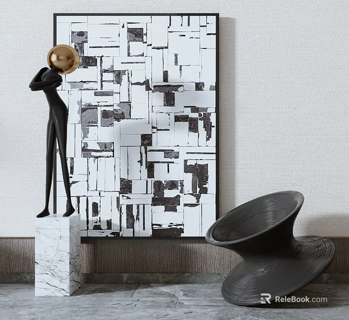 Modern Abstract Sculpture With Golden Sphere And Black White Geometric Art 3d model 
