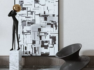 Modern Abstract Sculpture With Golden Sphere And Black White Geometric Art 3d model