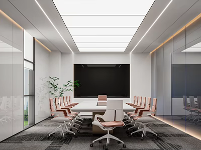 Modern Conference Room Interior With Long Table Black Screen Glass Partitions And Green Plant 3d model