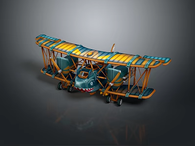 Vintage Twin Engine Model Biplane With Yellow And Blue Stripes And Detailed Design 3d model