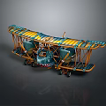Vintage Twin Engine Model Biplane With Yellow And Blue Stripes And Detailed Design