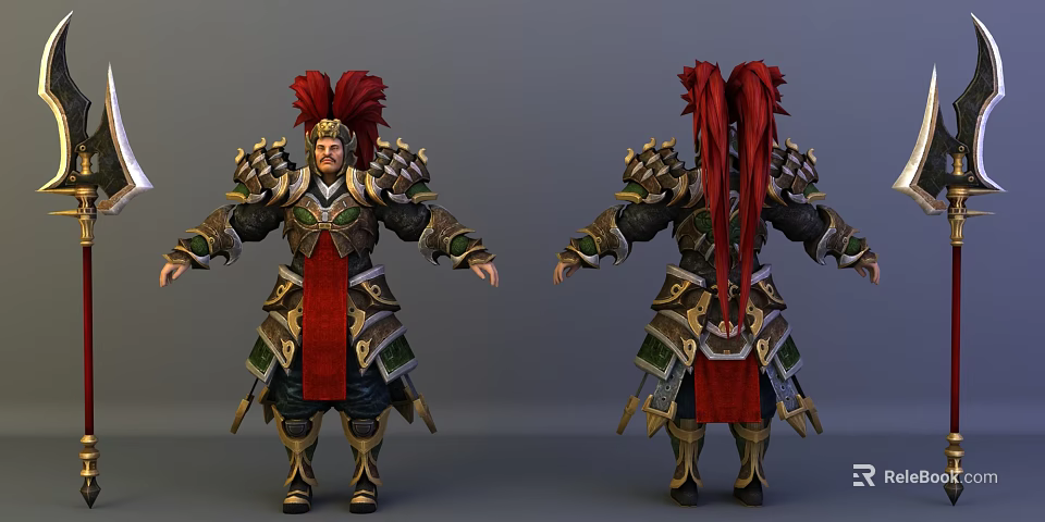 Fantasy Game Movie Character With Red Feather Headdress Ornate Gold Green Armor And Red Cape 3d model
