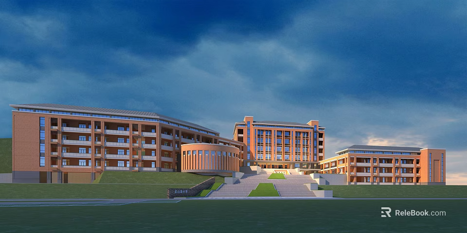 Modern Red Brick School Buildings With Multi Story Curved Design And Green Lawn 3d model 