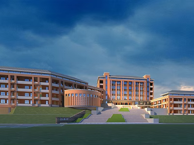 Modern Red Brick School Buildings With Multi Story Curved Design And Green Lawn 3d model