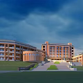 Modern Red Brick School Buildings With Multi Story Curved Design And Green Lawn