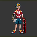 Teen Character In Colorful Helmet Red White Jacket With Blue Device And Red Skateboard