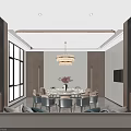 Elegant Private Dining Room Interior With Round Table Chandelier Wine Racks and Large Windows 3d model