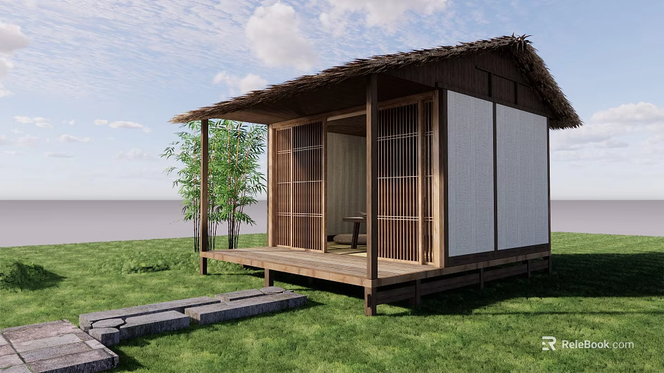 Traditional Japanese Hut Featuring Thatch Roof Wooden Frames Bamboo And Grassland Water View 3d model 