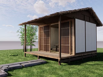 Traditional Japanese Hut Featuring Thatch Roof Wooden Frames Bamboo And Grassland Water View 3d model