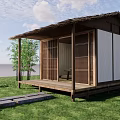 Traditional Japanese Hut Featuring Thatch Roof Wooden Frames Bamboo And Grassland Water View