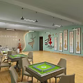 Kindergarten Interior with Green Walls Wooden Floors Curved Desk Tables Chairs and Decorative Paintings