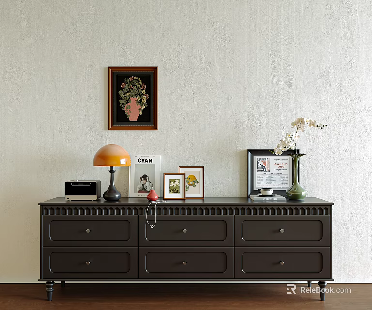 Dark Wood TV Stand with Drawers Table Lamp Photo Frames Vase and Wall Art 3d model 