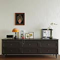 Dark Wood TV Stand with Drawers Table Lamp Photo Frames Vase and Wall Art