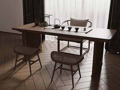 Chinese Style Wooden Tea Table And Chairs With Tea Set And Decorative Pillow Indoor 3d model