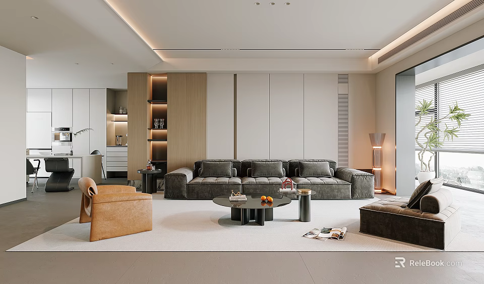 Modern Living Dining Room Interior Design With Grey Sofa And Wooden Elements 3d model 