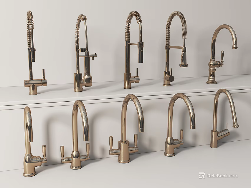 Various Modern Brass Kitchen Faucet Designs Displayed on White Shelves 3d model