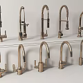 Various Modern Brass Kitchen Faucet Designs Displayed on White Shelves 3d model