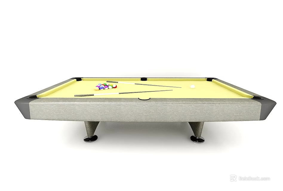 Modern Billiard Table With Yellow Felt Surface Balls Cue Sticks And Metal Legs 3d model 