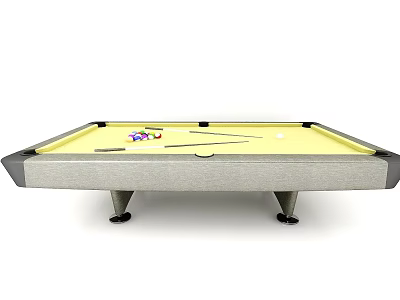 Modern Billiard Table With Yellow Felt Surface Balls Cue Sticks And Metal Legs 3d model
