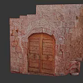 Antique Entrance Gate With Stone Wall And Arched Wooden Double Door Design