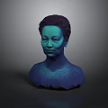 Woman Bust Sculpture In Blue Purple Hue With Reflective Surface On Dark Background