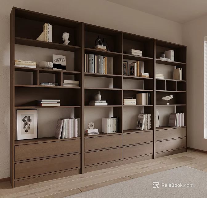 Modern Brown Bookcase With Multiple Compartments Drawers Decorative Items Books Sculptures And Framed 3d model 
