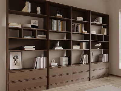 Modern Brown Bookcase With Multiple Compartments Drawers Decorative Items Books Sculptures And Framed 3d model